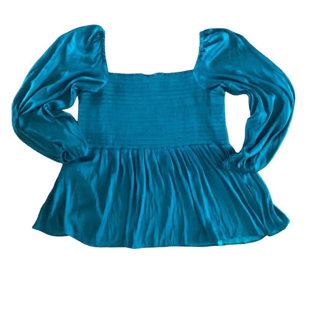 Anthropologie DOLAN Plus Teal Smocked Romantic‎ Babydoll Peplum Blouse - Size 2X - Picture 3 of 9